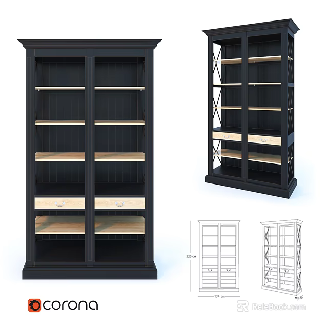 Modern Black Bookcase With Multiple Shelves Drawers And Home Structural Design 3d model 