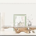 Wooden Tea Table With Natural Texture Green Plant Picture Frame Vase Decorations In Living Room