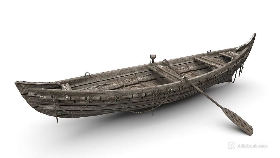 Traditional Wooden Boat With Old Wooden Planks And Oar On White Background 3d model 