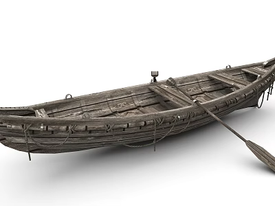 Traditional Wooden Boat With Old Wooden Planks And Oar On White Background 3d model
