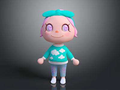 Cute 3D Game Movie Character With Pink Hair Blue Bow Purple Eyes And Cloud Sweater 3d model