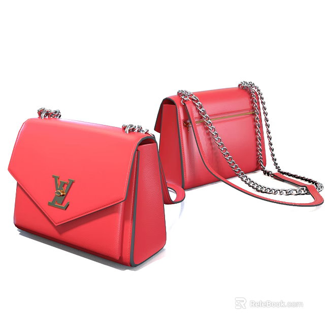 Red Luxury Handbags With Silver Chain Straps And Brand Logo Design 3d model 