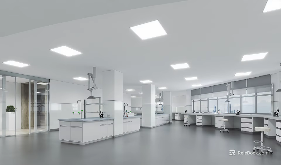 Modern Laboratory Interior with White Cabinets Fume Hoods Experimental Benches and Bright Lighting 3d model 