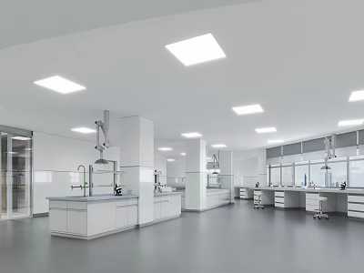 Modern Laboratory Interior with White Cabinets Fume Hoods Experimental Benches and Bright Lighting 3d model