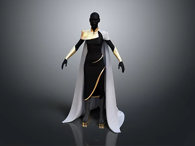 3D Character Model With Black Body Gold Accents White Cloak And Black Dress 3d model