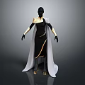 3D Character Model With Black Body Gold Accents White Cloak And Black Dress
