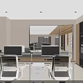 Modern Office Interior With Desks Computers Ergonomic Chairs Storage Cabinets And Mirror
