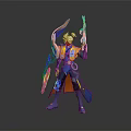 Anime Game Character With Blonde Hair Yellow Blue Outfit Holding Blue Orange Weapons Standing In Dark Background