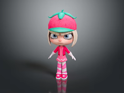 Cute Children's Doll With Strawberry Hat Pink Outfit And Striped Pants 3d model