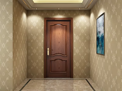 Brown Wooden Swing Door In Hallway With Beige Wallpaper And Marble Floor 3d model