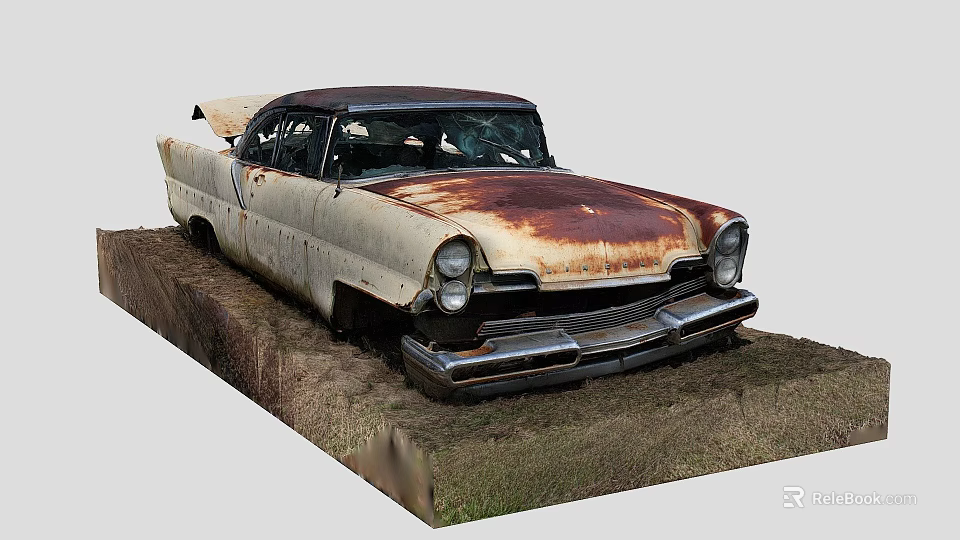 Old Rusted Vintage Car Abandoned In Grass Field With Damaged Body And Roof 3d model 