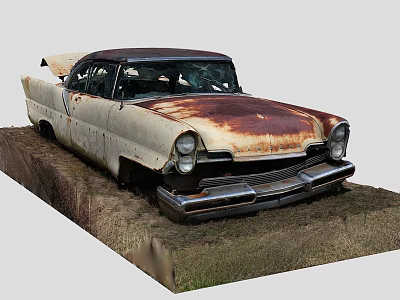 Old Rusted Vintage Car Abandoned In Grass Field With Damaged Body And Roof 3d model