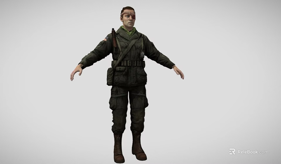Man in Military Uniform with Head Bandage Backpack and Boots Arms Outstretched 3d model 