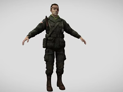 Man in Military Uniform with Head Bandage Backpack and Boots Arms Outstretched 3d model