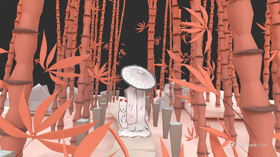 White Robed Character Standing In Red Bamboo Grove With Umbrella And Stone Lanterns 3d model 