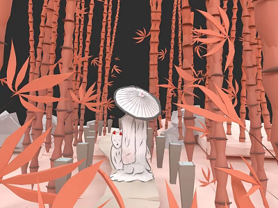 White Robed Character Standing In Red Bamboo Grove With Umbrella And Stone Lanterns 3d model