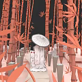 White Robed Character Standing In Red Bamboo Grove With Umbrella And Stone Lanterns