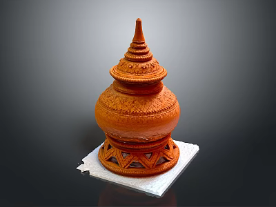 Orange Terracotta Architectural Tower With Intricate Carvings And Geometric Base 3d model