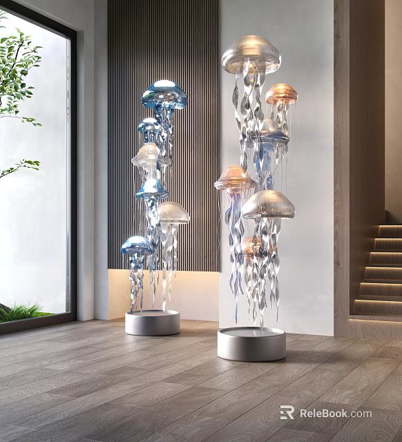Modern Jellyfish Shaped Floor Lamp With Colorful Lights And Silver Base For Interior Decor 3d model 