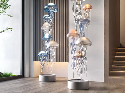 Modern Jellyfish Shaped Floor Lamp With Colorful Lights And Silver Base For Interior Decor 3d model