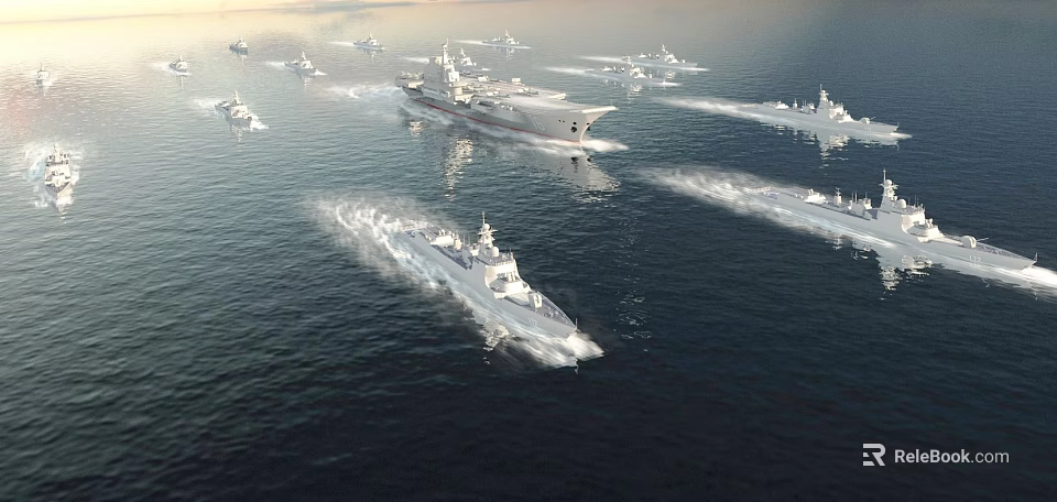 Modern Military Warships Sailing in Formation with Large and Small Vessels at Sea 3d model 