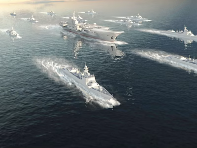Modern Military Warships Sailing in Formation with Large and Small Vessels at Sea 3d model