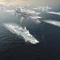 Modern Military Warships Sailing in Formation with Large and Small Vessels at Sea