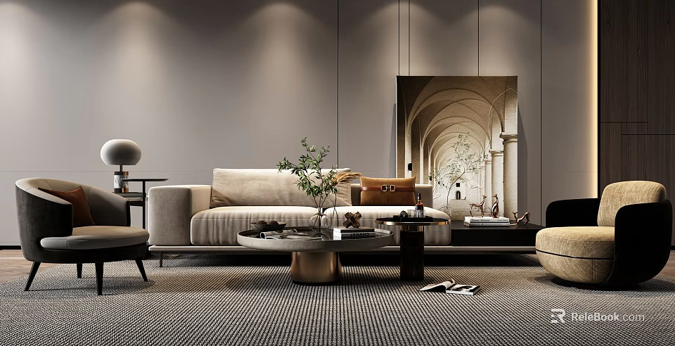 Elegant Modern Sofa And Coffee Table Set With Decorative Plants And Mirrored Wall 3d model 