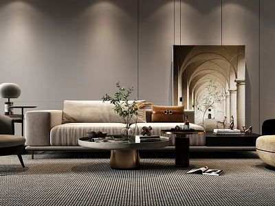 Elegant Modern Sofa And Coffee Table Set With Decorative Plants And Mirrored Wall 3d model