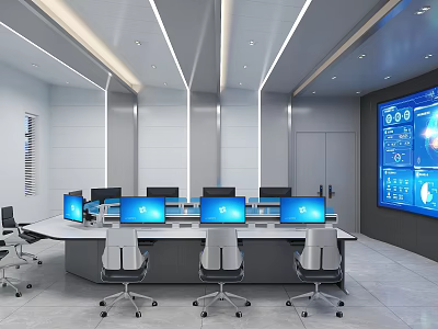 Modern Public Office Area With Open Layout Workstations Computers Ergonomic Chairs And Large Screens 3d model