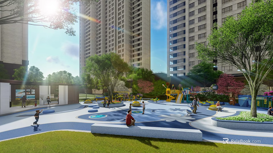 Sunny Modern Children's Play Area With High Rise Buildings Trees And Lawn 3d model 