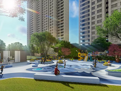 Sunny Modern Children's Play Area With High Rise Buildings Trees And Lawn 3d model