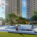 Sunny Modern Children's Play Area With High Rise Buildings Trees And Lawn