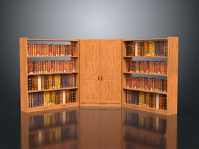 Elegant Wooden Bookcase with Open Shelves Closed Cabinet Doors and Colorful Books 3d model