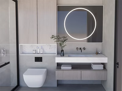 Modern Bathroom Vanity With Round Backlit Mirror Marble Countertop Wooden Cabinets And Potted Plant 3d model