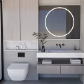 Modern Bathroom Vanity With Round Backlit Mirror Marble Countertop Wooden Cabinets And Potted Plant