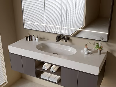 Sleek Bathroom Vanity With Backlit Mirror Stone Countertop Storage Shelves And Toiletries 3d model