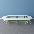 Round White Mobile Desk With Rolling Wheels And Green Storage Compartments 3d model