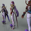 Game Movie Characters With Purple Hair Ornate Golden Costumes And Colorful Capes