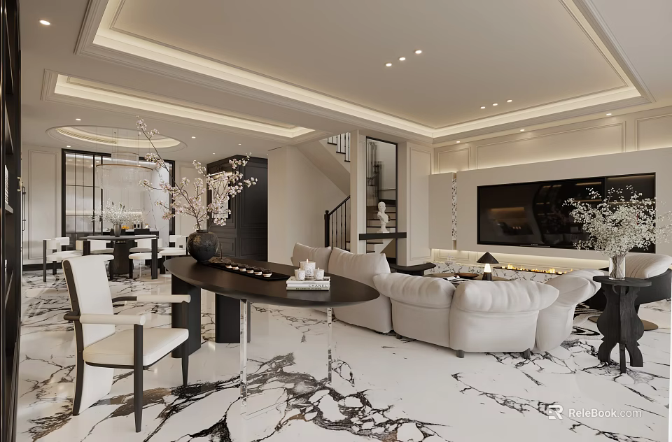 Modern Living And Dining Room Interior With White Sofa Dining Table Marble Floor And TV 3d model 