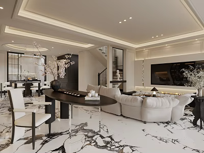 Modern Living And Dining Room Interior With White Sofa Dining Table Marble Floor And TV 3d model