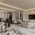 Modern Living And Dining Room Interior With White Sofa Dining Table Marble Floor And TV