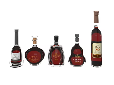 Elegant Assorted Wine Bottles And Glasses Display With Various Shapes And Labels 3d model