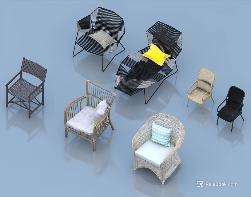 Various Styles Leisure Chairs With Rattan Metal Frame And Colorful Cushions For Interior Decoration 3d model 