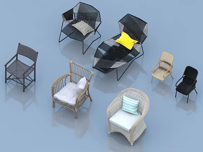 Various Styles Leisure Chairs With Rattan Metal Frame And Colorful Cushions For Interior Decoration 3d model