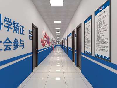 Bright Elevator Corridor With White And Blue Walls Educational Posters And White Tiled Floor 3d model