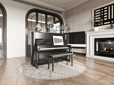 Elegant Interior Scene With Black Piano Music Stand Bench Wall Art Pieces And Fireplace 3d model