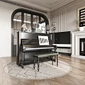 Elegant Interior Scene With Black Piano Music Stand Bench Wall Art Pieces And Fireplace