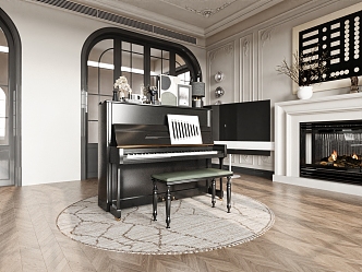 French piano room vertical piano French glass door fireplace picture 3d model