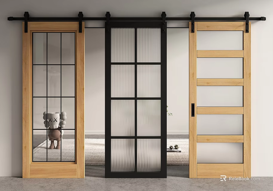 Various Design Barn Doors With Wooden Black Frames And Glass Panels 3d model 